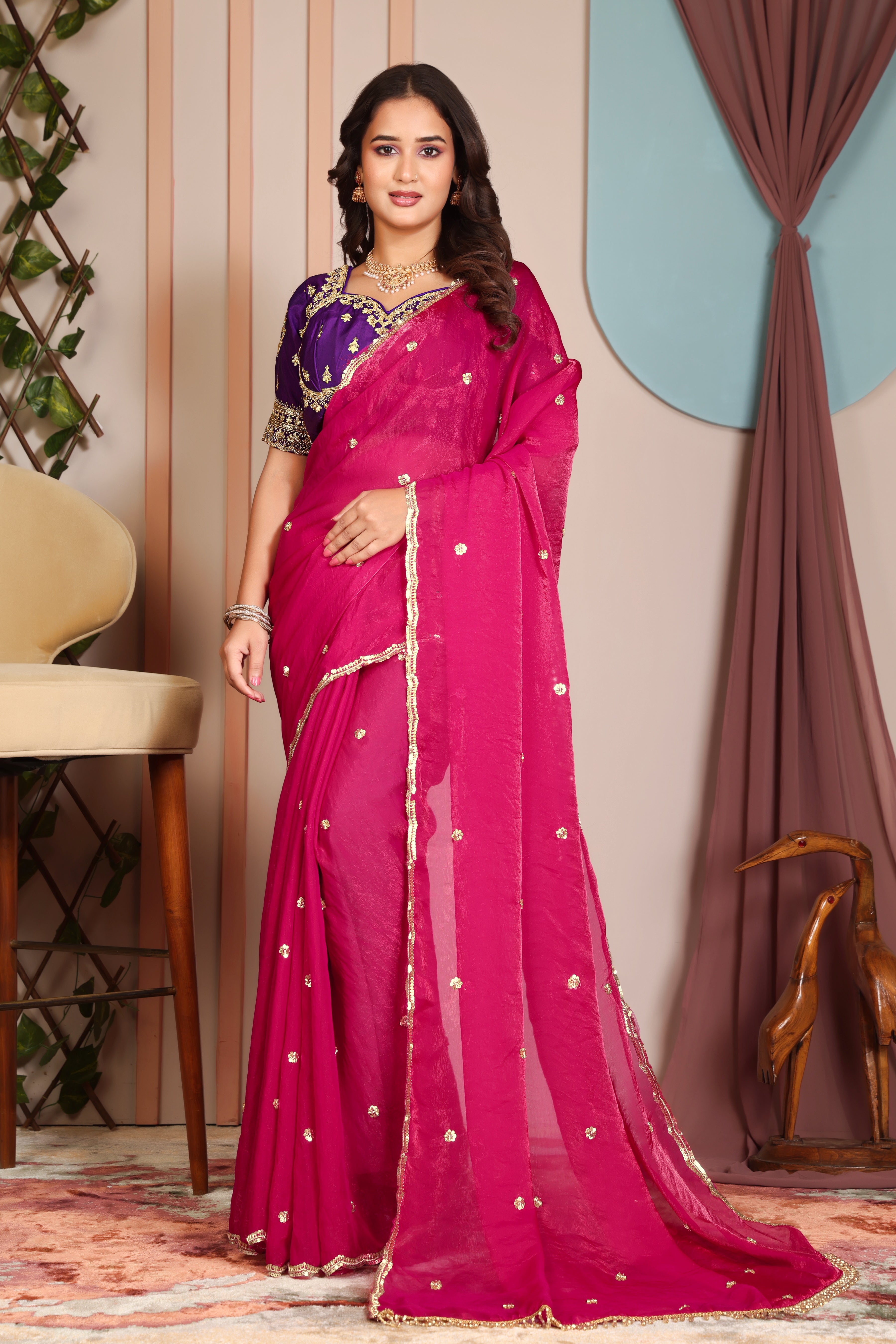 Rani Pink Radiance Saree with stitched blouse