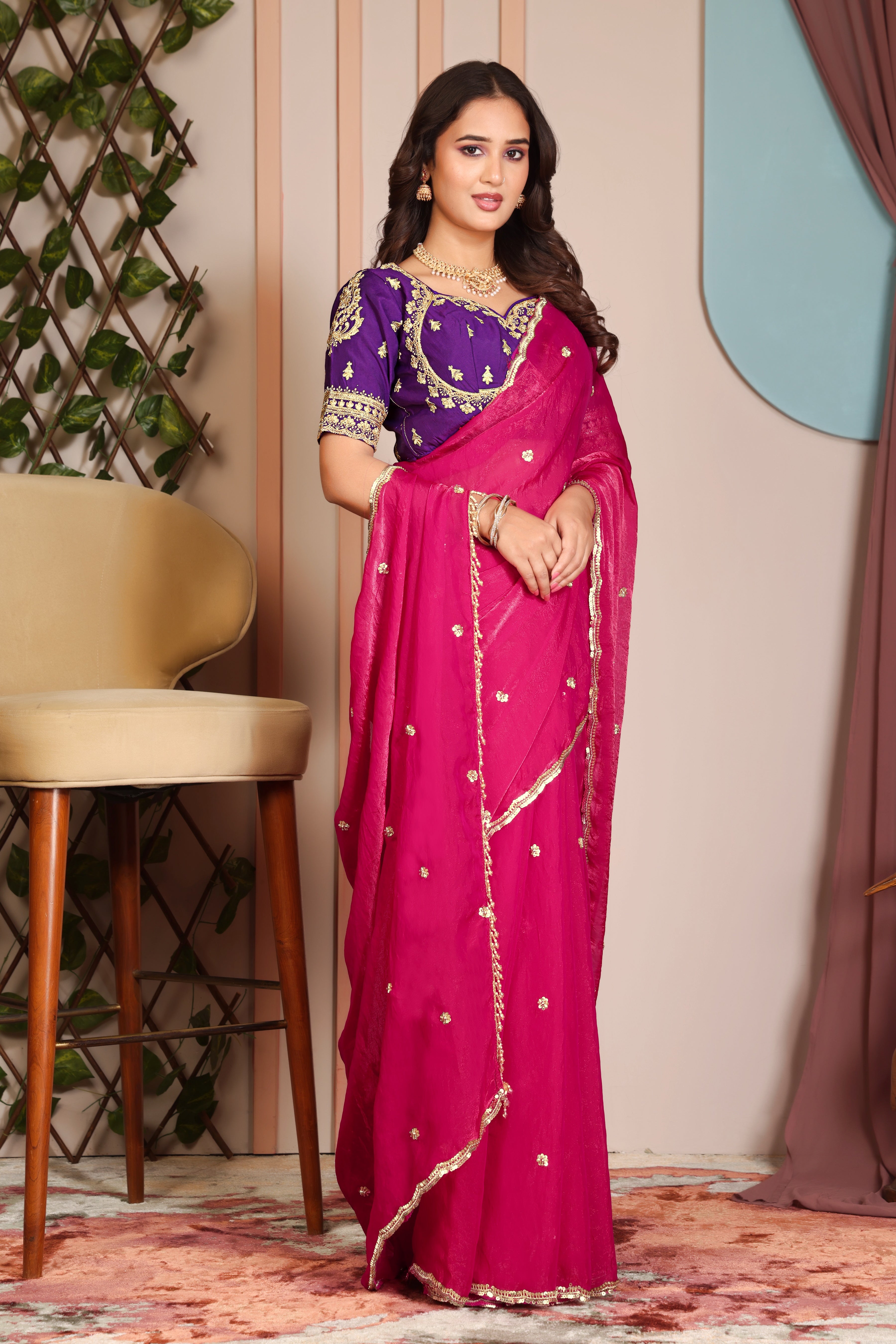 Rani Pink Radiance Saree with stitched blouse