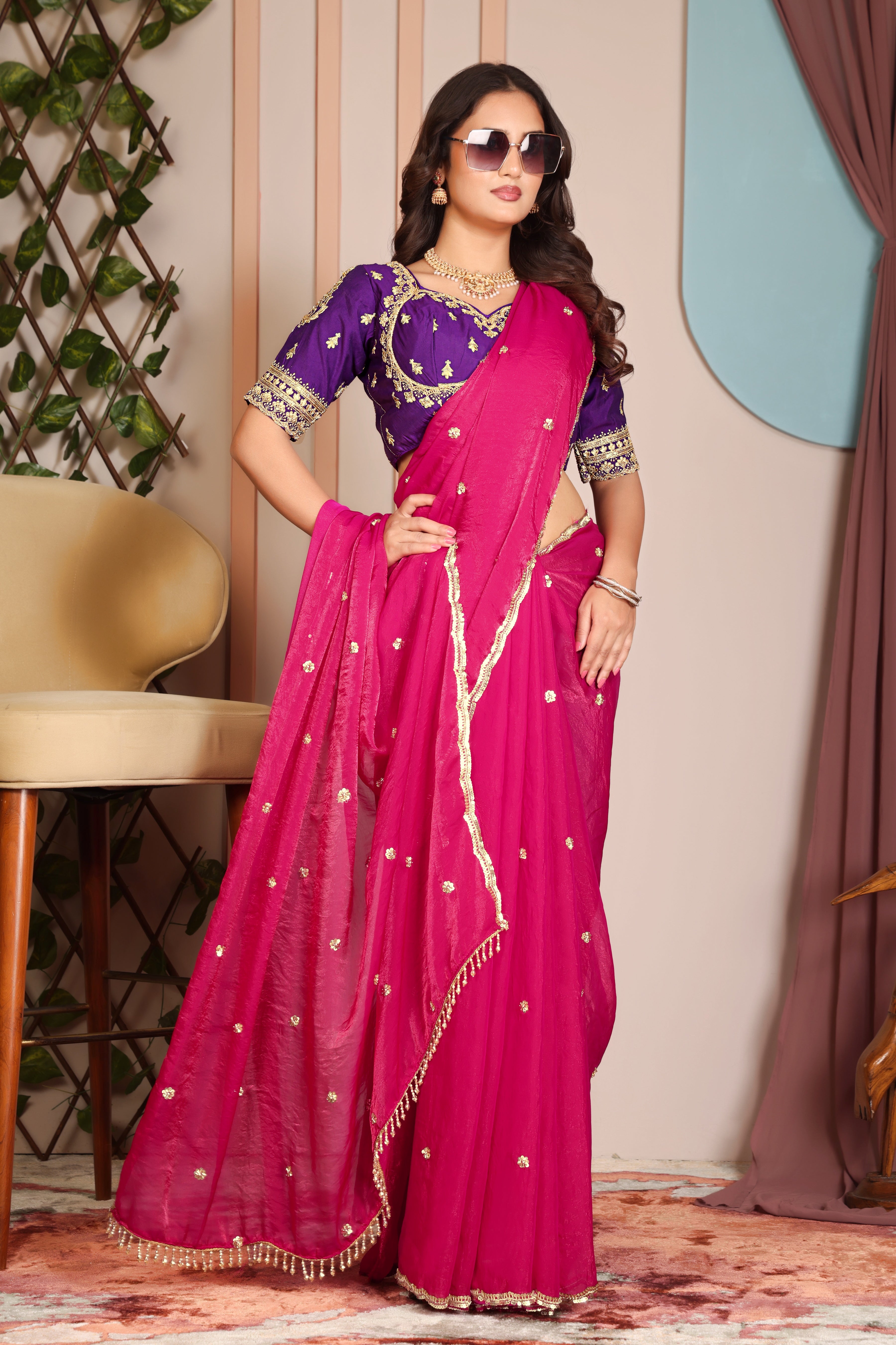 Rani Pink Radiance Saree with stitched blouse