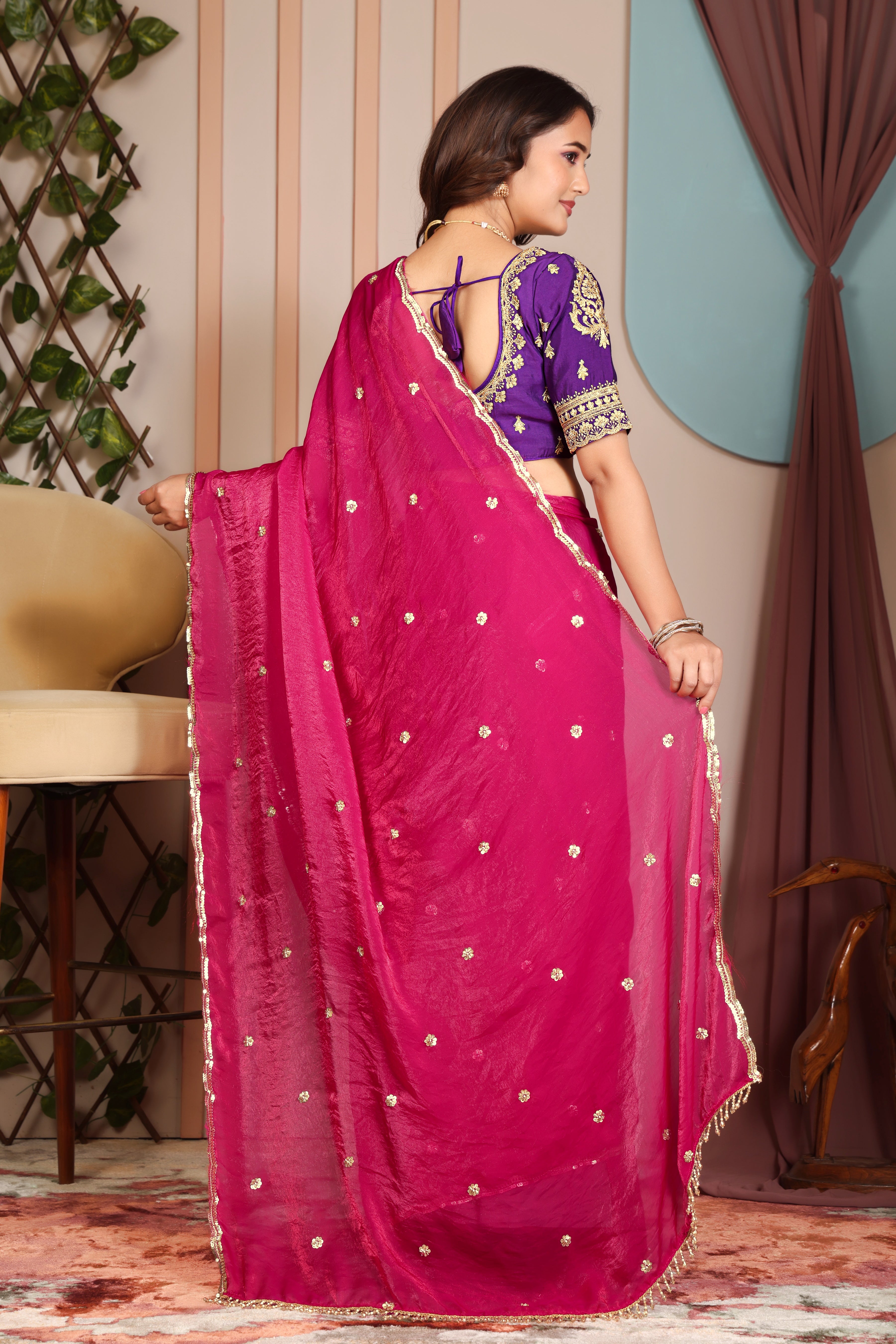 Rani Pink Radiance Saree with stitched blouse
