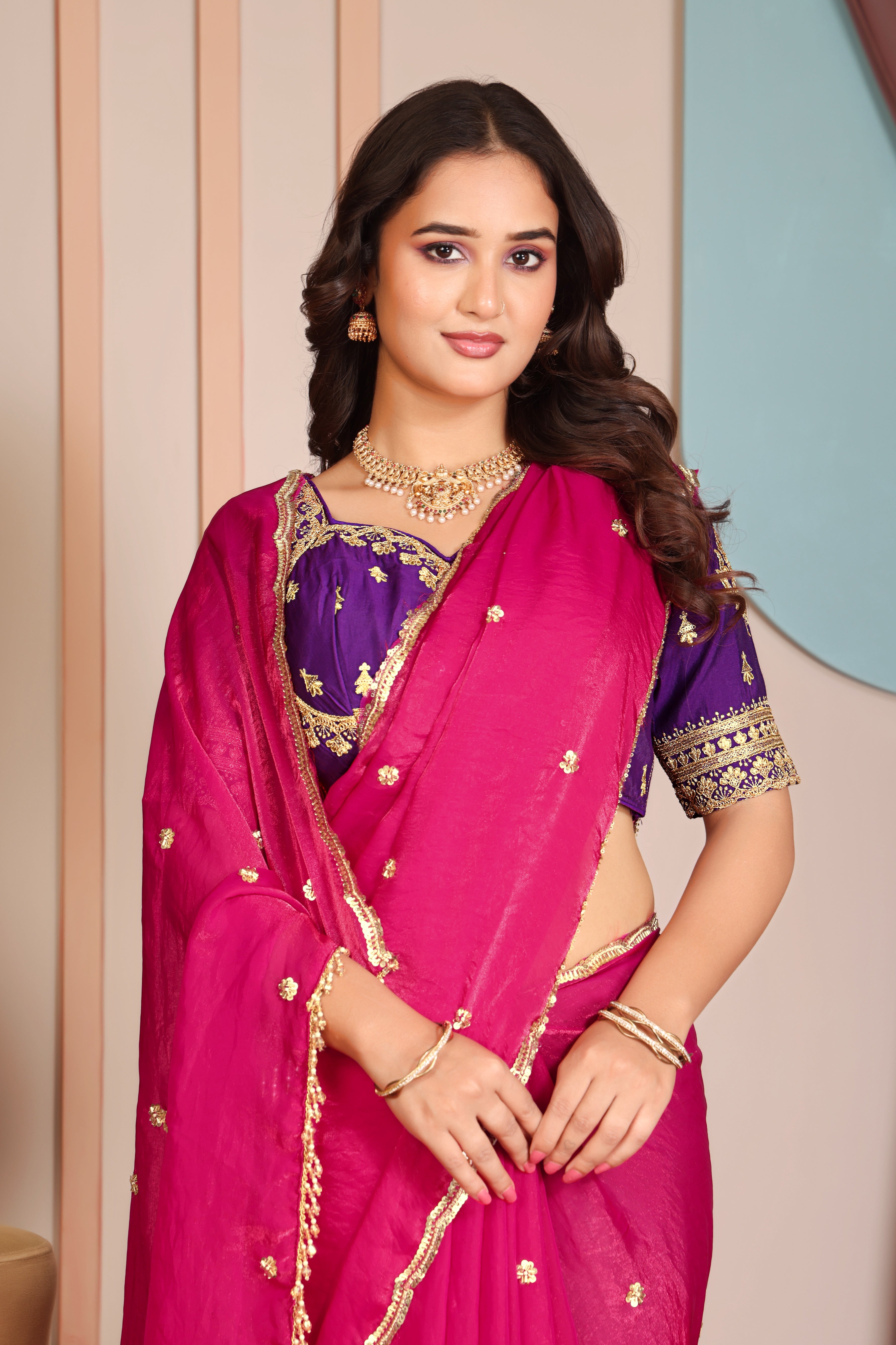 Rani Pink Radiance Saree with stitched blouse