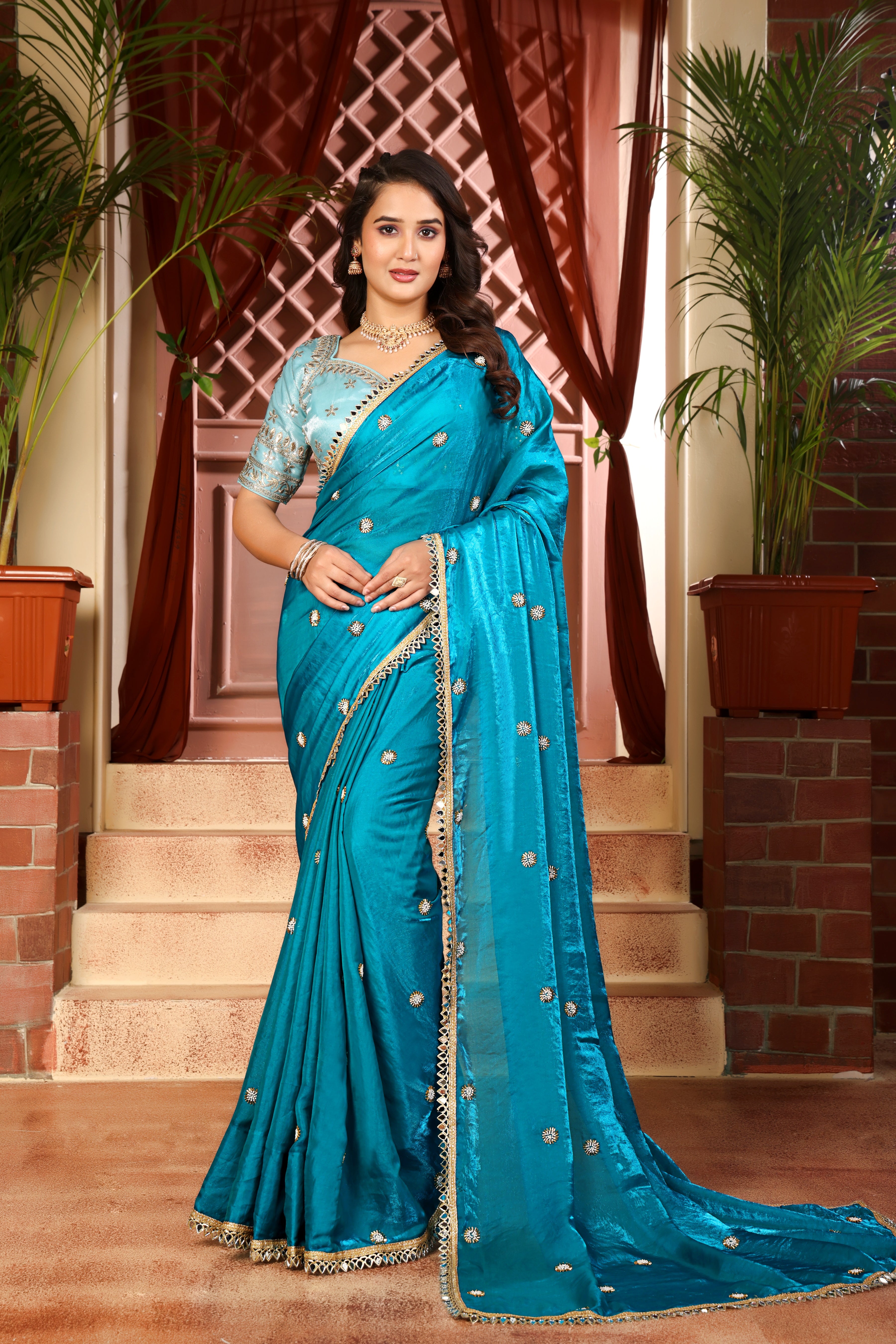 Blue Designer Saree with stitched blouse