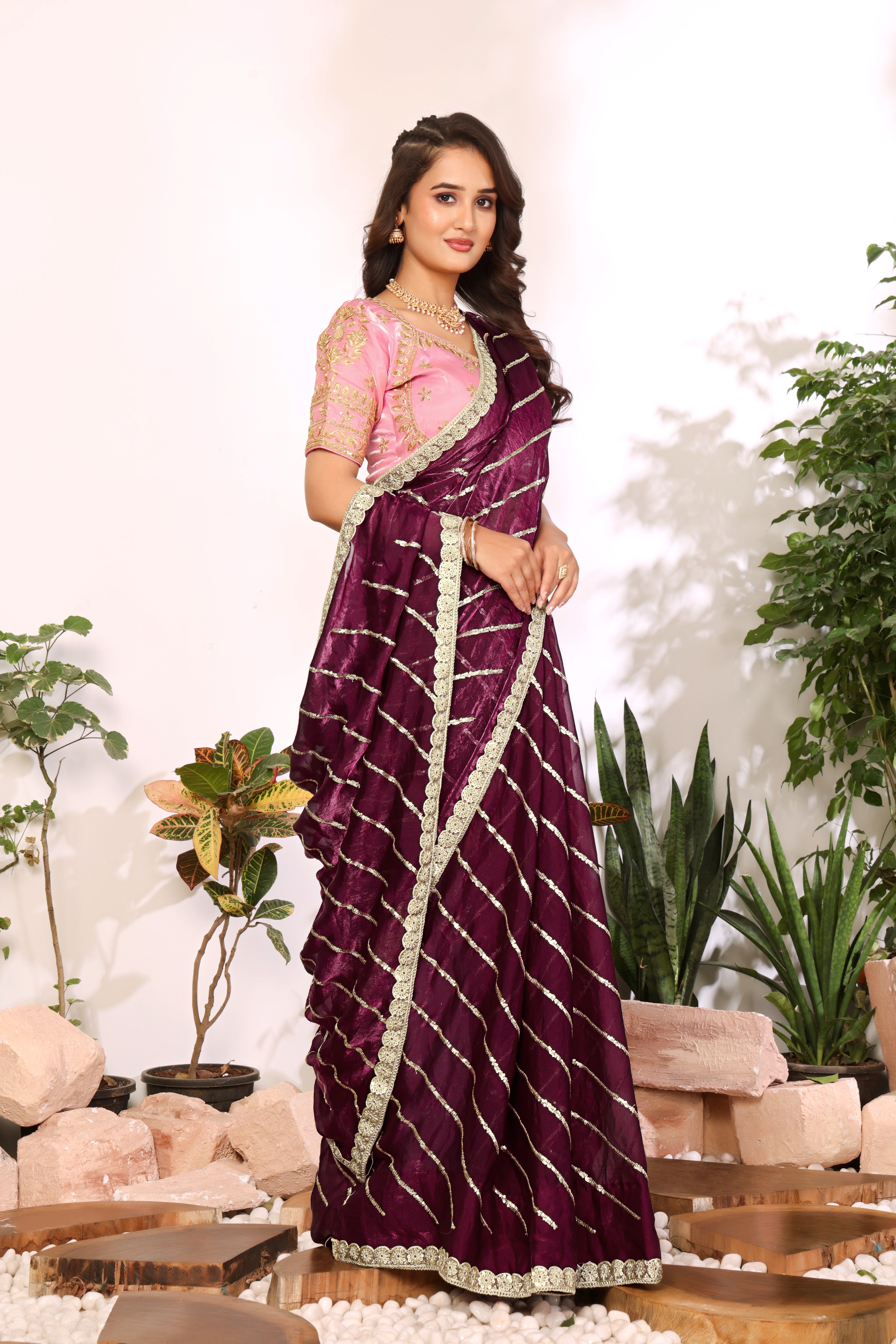 Wine Blossom Saree with stitched blouse