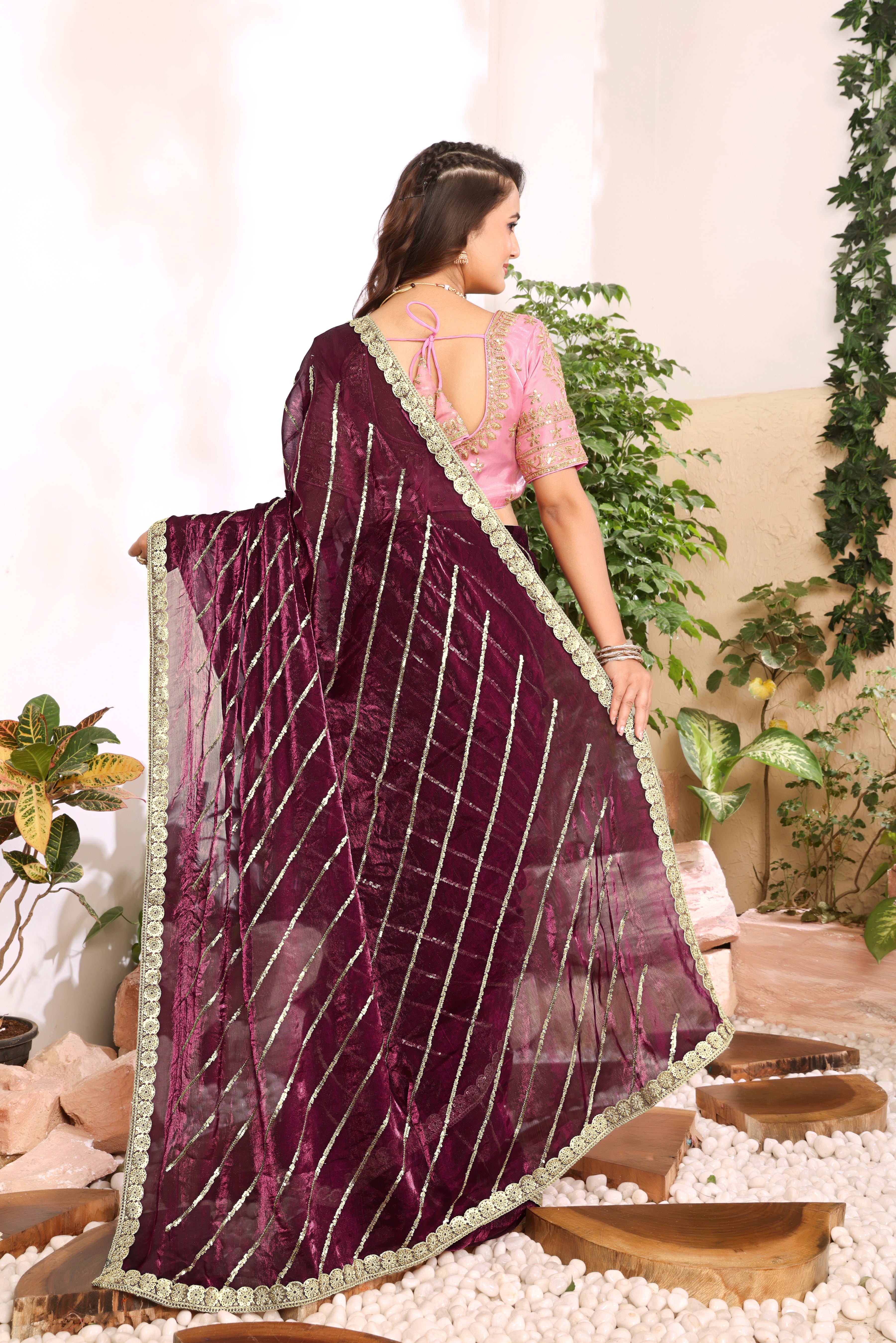 Wine Blossom Saree with stitched blouse