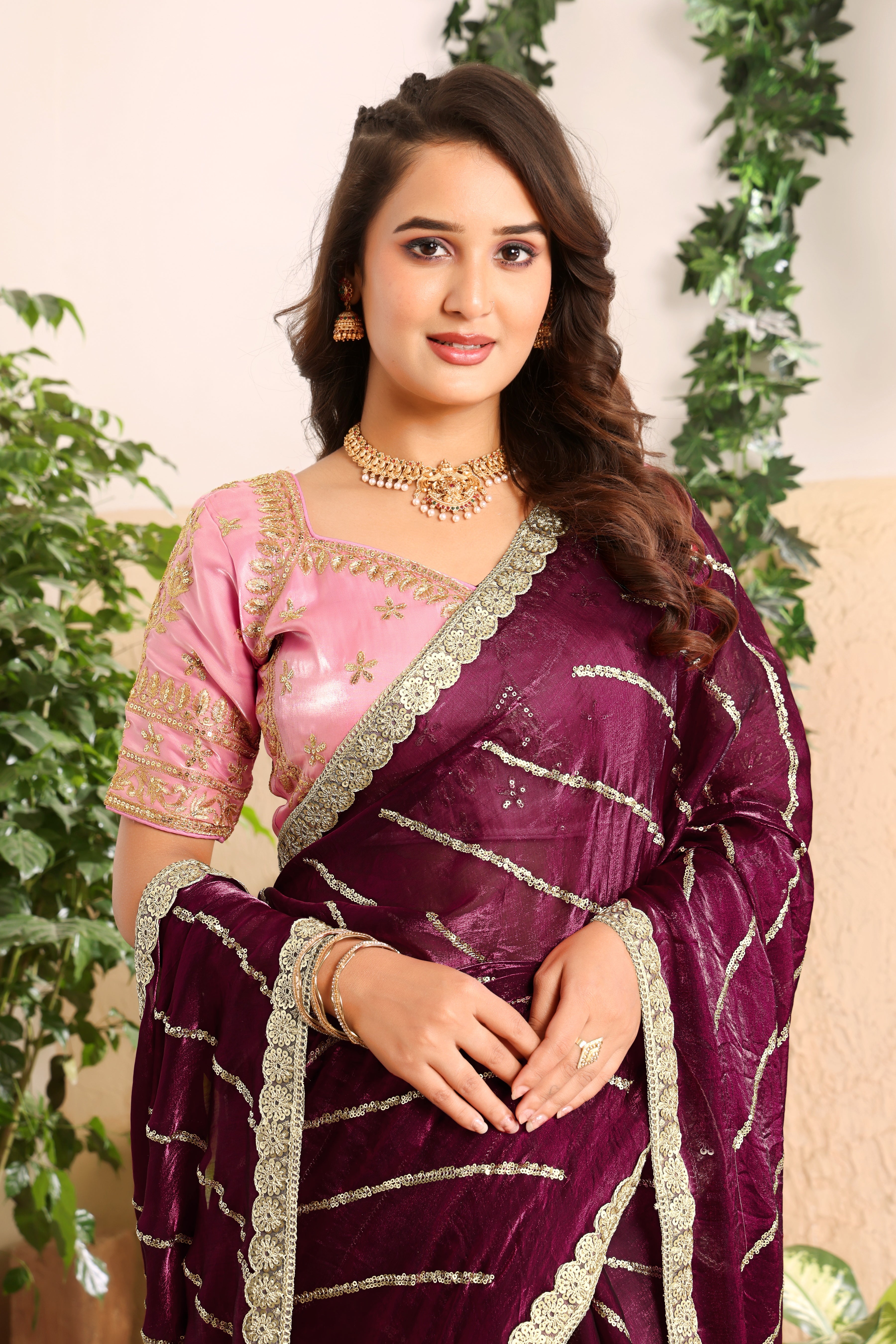 Wine Blossom Saree with stitched blouse